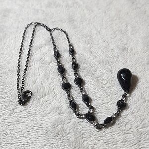 #411 Vintage SAQ Y Drop Necklace Gunmetal Clear Rhinestones Black Facet Bead